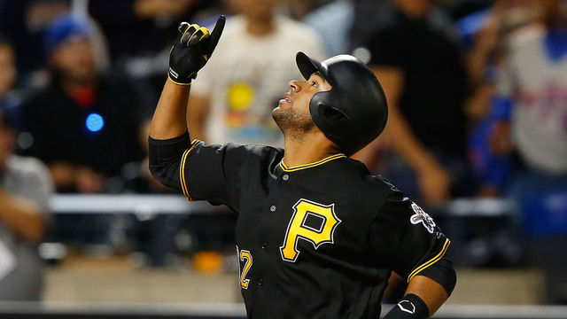 NEW YORK, NY - JUNE 02: Elias Diaz #32 of the Pittsburgh Pirates reacts after his sixth inning three run home run against the New York Mets at Citi Field on June 2, 2017 in the Flushing neighborhood of the Queens borough of New York City.