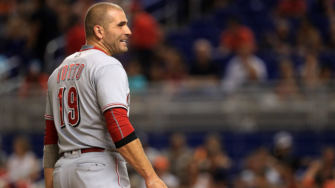 MIAMI, FL - JULY 27: Joey Votto #19 of the Cincinnati Reds looks on during a game against the Miami Marlins at Marlins Park on July 27, 2017 in Miami, Florida.