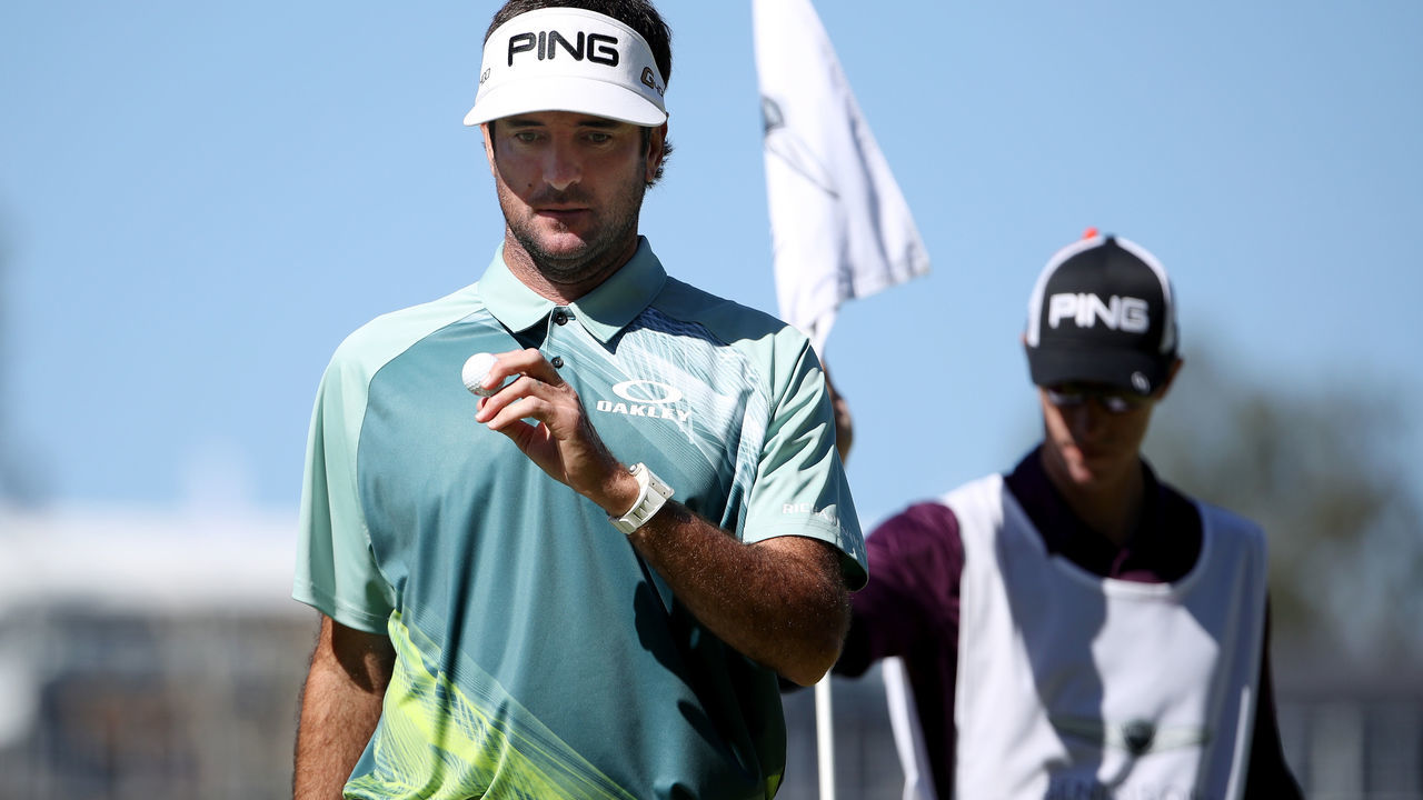 PACIFIC PALISADES, CA - FEBRUARY 18: Bubba Watson reacts after making par on the 10th green during the final round of the Genesis Open at Riviera Country Club on February 18, 2018 in Pacific Palisades, California.