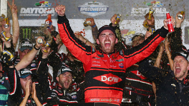 DAYTONA BEACH, FL - FEBRUARY 18: Austin Dillon, driver of the #3 DOW Chevrolet, celebrates in Victory Lane after winning the Monster Energy NASCAR Cup Series 60th Annual Daytona 500 at Daytona International Speedway on February 18, 2018 in Daytona Beach, Florida.