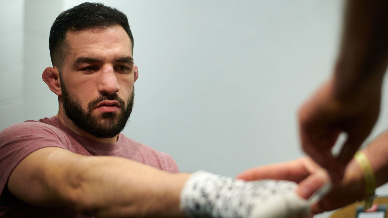 AUSTIN, TX - FEBRUARY 18: Jared Gordon has his hands wrapped before fighting Carlos Diego Ferreira during the UFC Fight Night event at Frank Erwin Center on February 18, 2018 in Austin, Texas.