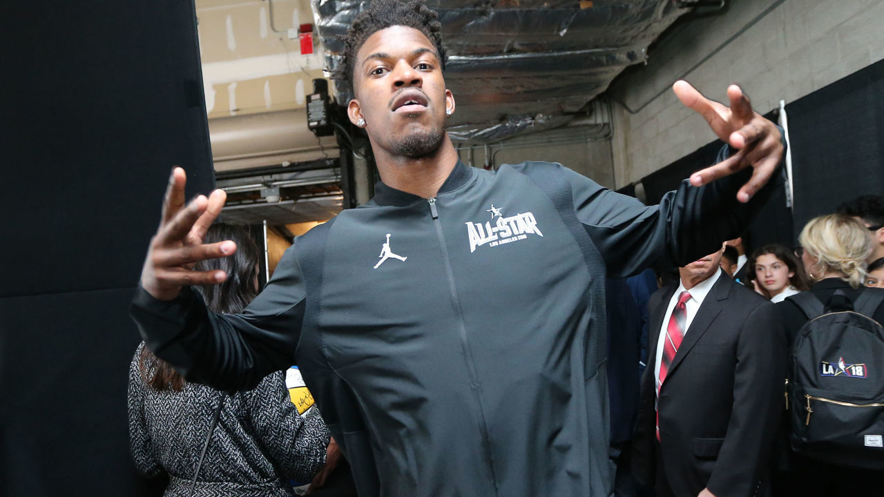 LOS ANGELES, CA - FEBRUARY 18: Jimmy Butler #23 of Team Stephen arrives before the game against Team Lebron during the NBA All-Star Game as a part of 2018 NBA All-Star Weekend at STAPLES Center on February 18, 2018 in Los Angeles, California. NOTE TO USER: User expressly acknowledges and agrees that, by downloading and/or using this photograph, user is consenting to the terms and conditions of the Getty Images License Agreement. Mandatory Copyright Notice: Copyright 2018 NBAE