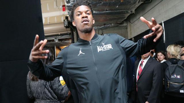 LOS ANGELES, CA - FEBRUARY 18: Jimmy Butler #23 of Team Stephen arrives before the game against Team Lebron during the NBA All-Star Game as a part of 2018 NBA All-Star Weekend at STAPLES Center on February 18, 2018 in Los Angeles, California. NOTE TO USER: User expressly acknowledges and agrees that, by downloading and/or using this photograph, user is consenting to the terms and conditions of the Getty Images License Agreement. Mandatory Copyright Notice: Copyright 2018 NBAE