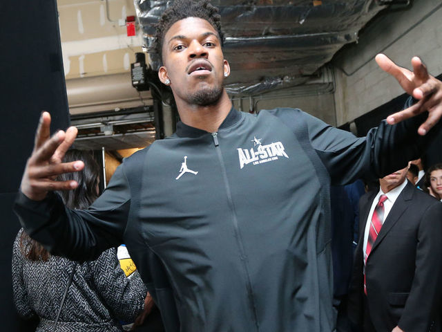 LOS ANGELES, CA - FEBRUARY 18: Jimmy Butler #23 of Team Stephen arrives before the game against Team Lebron during the NBA All-Star Game as a part of 2018 NBA All-Star Weekend at STAPLES Center on February 18, 2018 in Los Angeles, California. NOTE TO USER: User expressly acknowledges and agrees that, by downloading and/or using this photograph, user is consenting to the terms and conditions of the Getty Images License Agreement. Mandatory Copyright Notice: Copyright 2018 NBAE