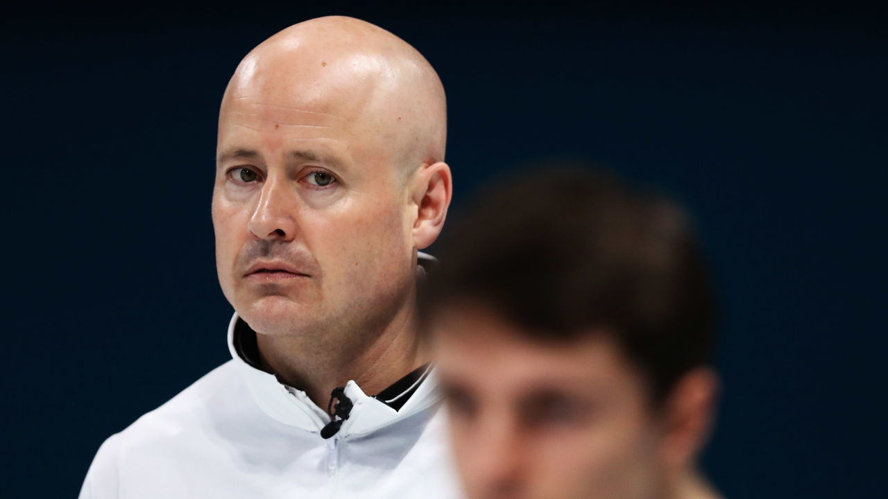 GANGNEUNG, SOUTH KOREA - FEBRUARY 18: Kevin Koe of Canada look on during the Curling round robin session 7 on day nine of the PyeongChang 2018 Winter Olympic Games at Gangneung Curling Centre on February 18, 2018 in Gangneung, South Korea.