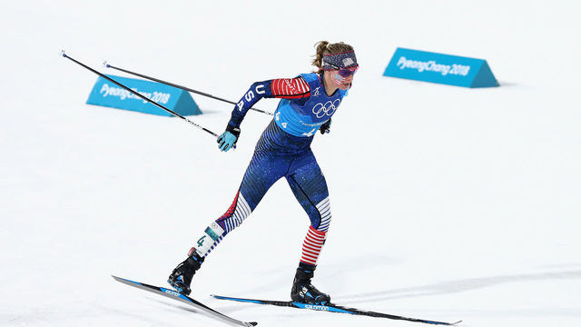 PYEONGCHANG-GUN, SOUTH KOREA - FEBRUARY 17: Jessica Diggins of the United States competes during the Ladies' 4x5km Relay on day eight of the PyeongChang 2018 Winter Olympic Games at Alpensia Cross-Country Centre on February 17, 2018 in Pyeongchang-gun, South Korea.