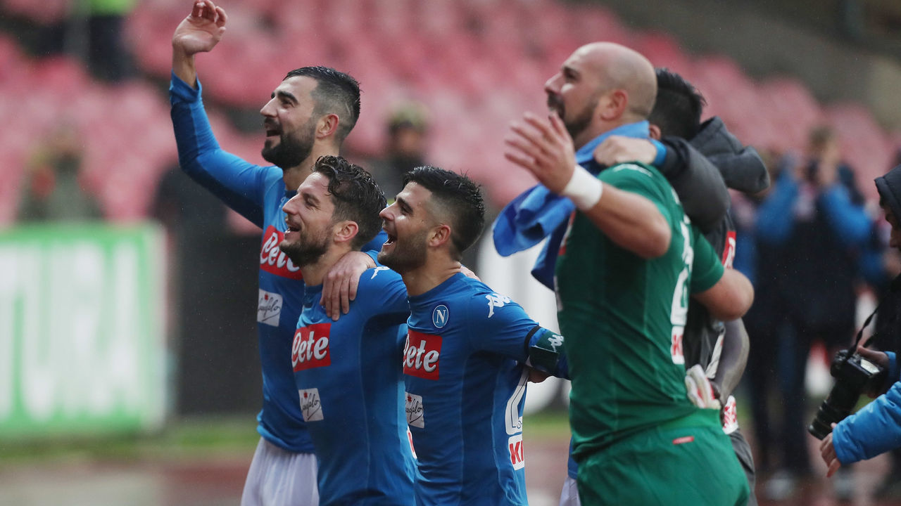 NAPLES, ITALY - FEBRUARY 18: Players of Napoli celebrate after the serie A match between SSC Napoli and Spal at Stadio San Paolo on February 18, 2018 in Naples, Italy.