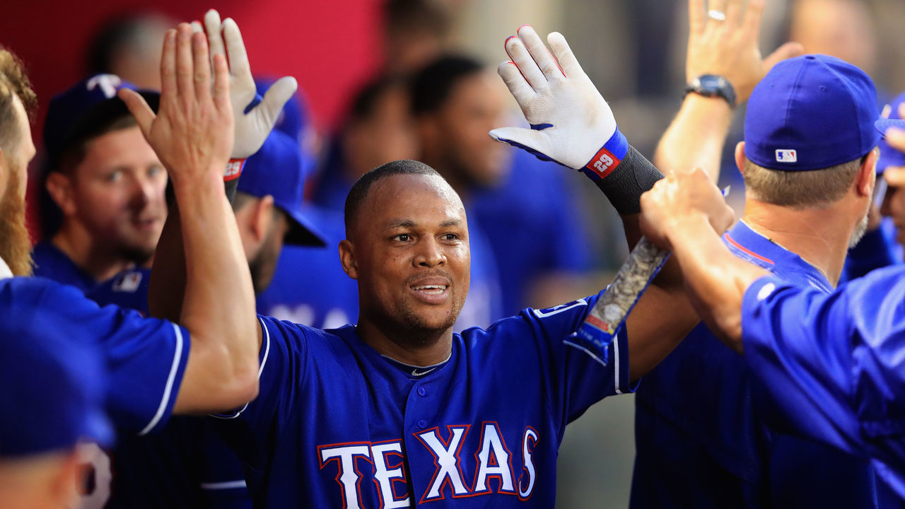 ANAHEIM, CA - AUGUST 23: Adrian Beltre #29 of the Texas Rangers is congratulated in the dugout after hitting a solo homerun during the second inning of a game against the Los Angeles Angels of Anaheim at Angel Stadium of Anaheim on August 23, 2017 in Anaheim, California.