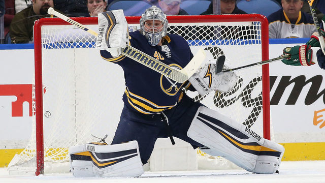 BUFFALO, NY - NOVEMBER 22: Robin Lehner #40 of the Buffalo Sabres makes a pad save on a shot by the Minnesota Wild during the second period at the KeyBank Center on November 22, 2017 in Buffalo, New York.