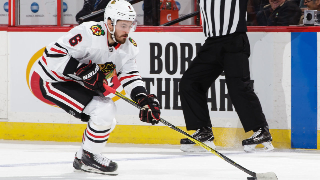 OTTAWA, ON - JANUARY 9: Michal Kempny #6 of the Chicago Blackhawks skates with the puck against the Ottawa Senators at Canadian Tire Centre on January 9, 2018 in Ottawa, Ontario, Canada.