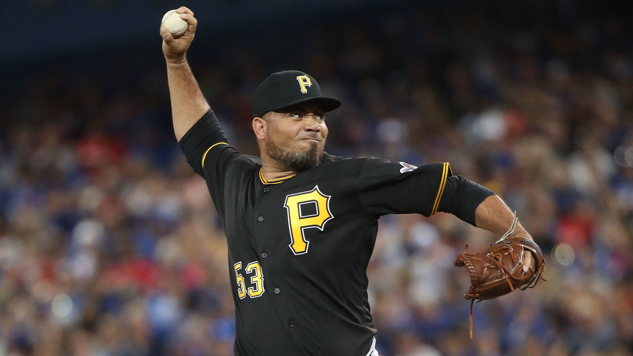 TORONTO, ON - AUGUST 12: Joaquin Benoit #53 of the Pittsburgh Pirates delivers a pitch in the seventh inning during MLB game action against the Toronto Blue Jays at Rogers Centre on August 12, 2017 in Toronto, Canada.