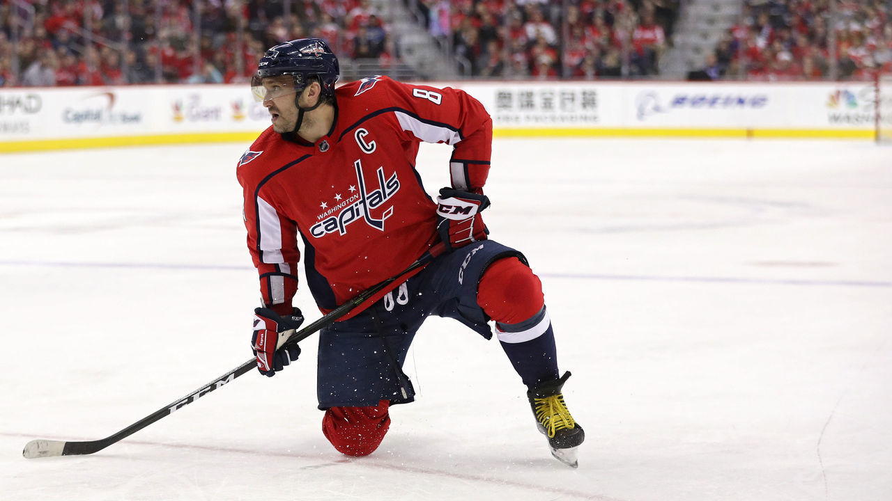 WASHINGTON, DC - DECEMBER 28: Alex Ovechkin #8 of the Washington Capitals looks on against the Boston Bruins during the second period at Capital One Arena on December 28, 2017 in Washington, DC.
