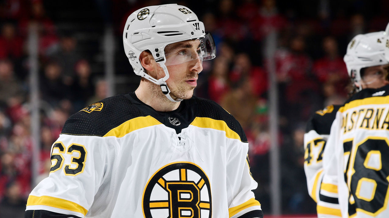 NEWARK, NJ - FEBRUARY 11: Brad Marchand #63 of the Boston Bruins looks on against the New Jersey Devils at Prudential Center on February 11, 2018 in Newark, New Jersey. The Boston Bruins defeated the New Jersey Devils 5-3.