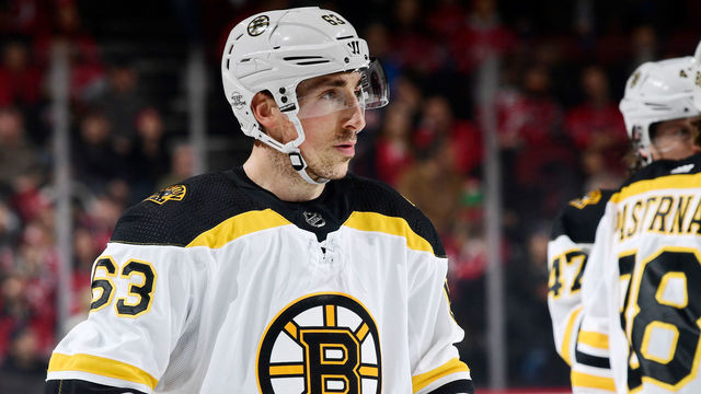 NEWARK, NJ - FEBRUARY 11: Brad Marchand #63 of the Boston Bruins looks on against the New Jersey Devils at Prudential Center on February 11, 2018 in Newark, New Jersey. The Boston Bruins defeated the New Jersey Devils 5-3.