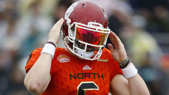 MOBILE, AL - JANUARY 27: Baker Mayfield #6 of the North team reacts during the first half of the Reese's Senior Bowl against the the South team at Ladd-Peebles Stadium on January 27, 2018 in Mobile, Alabama.