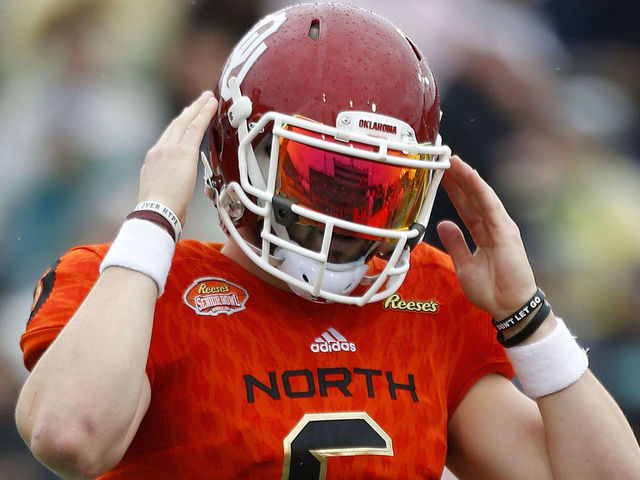 MOBILE, AL - JANUARY 27: Baker Mayfield #6 of the North team reacts during the first half of the Reese's Senior Bowl against the the South team at Ladd-Peebles Stadium on January 27, 2018 in Mobile, Alabama.