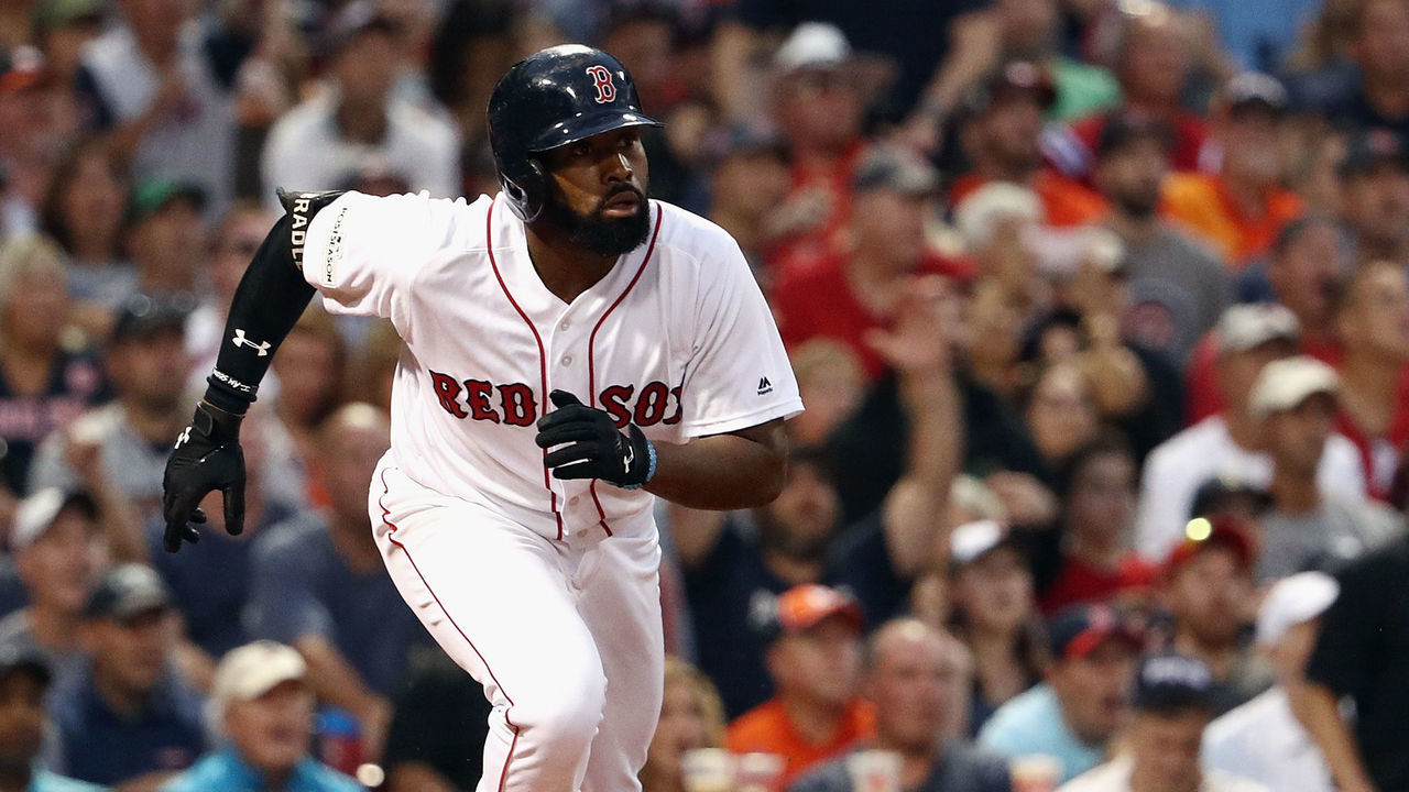 BOSTON, MA - OCTOBER 08: Jackie Bradley Jr. #19 of the Boston Red Sox runs the bases after hitting a three-run home run in the seventh inning against the Houston Astros during game three of the American League Division Series at Fenway Park on October 8, 2017 in Boston, Massachusetts.