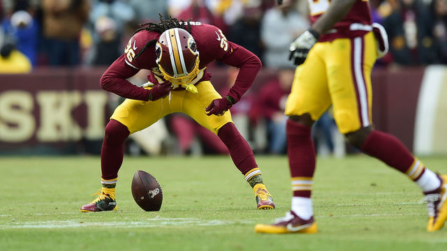 LANDOVER, MD - NOVEMBER 12: Free safety D.J. Swearinger #36 of the Washington Redskins celebrates after an interception during the fourth quarter against the Minnesota Vikings at FedExField on November 12, 2017 in Landover, Maryland.