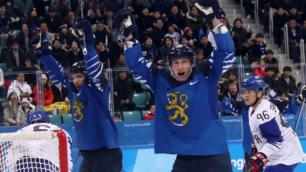 GANGNEUNG, SOUTH KOREA - FEBRUARY 20: Team Finland reacts after scoring in the third period against Republic of Korea during the Men's Play-offs Qualifications game on day eleven of the PyeongChang 2018 Winter Olympic Games at Gangneung Hockey Centre on February 20, 2018 in Gangneung, South Korea.