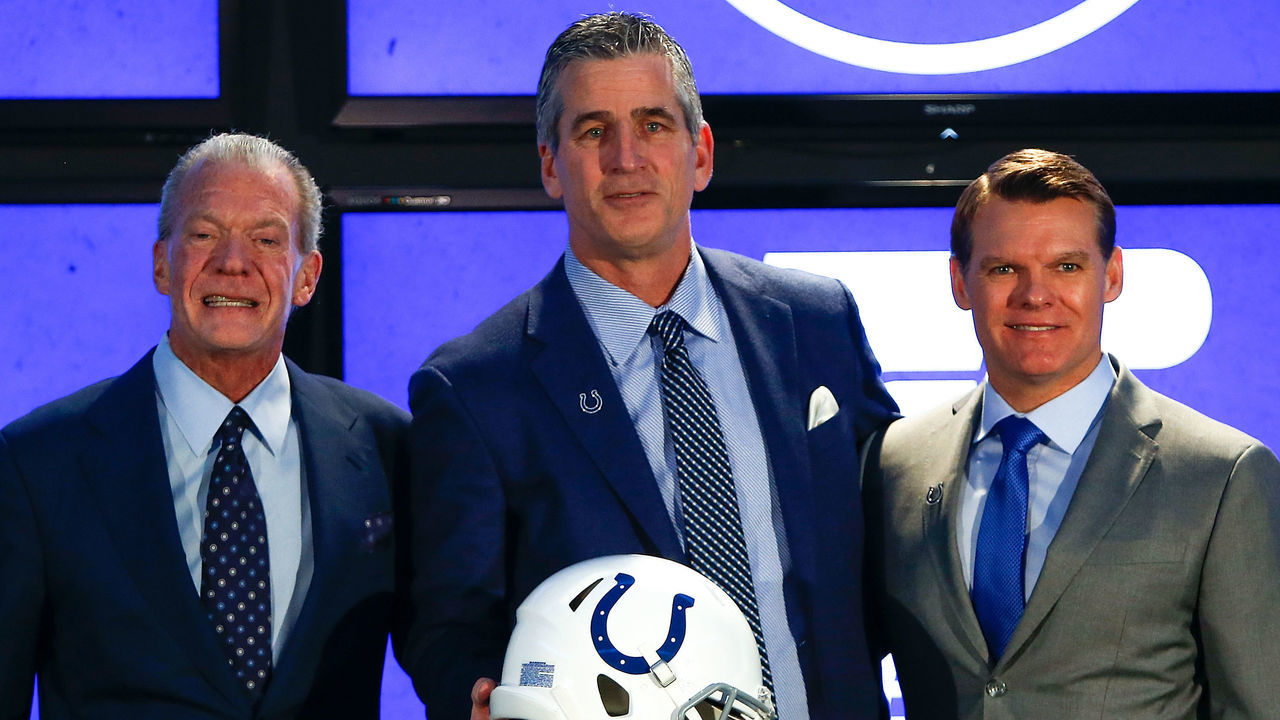 INDIANAPOLIS, IN - FEBRUARY 13: Owner Jim Irsay, head coach Frank Reich and general manager Chris Ballard of the Indianapolis Colts pose for a photo during the press conference introducing head coach Frank Reich at Lucas Oil Stadium on February 13, 2018 in Indianapolis, Indiana.
