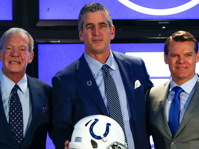 INDIANAPOLIS, IN - FEBRUARY 13: Owner Jim Irsay, head coach Frank Reich and general manager Chris Ballard of the Indianapolis Colts pose for a photo during the press conference introducing head coach Frank Reich at Lucas Oil Stadium on February 13, 2018 in Indianapolis, Indiana.