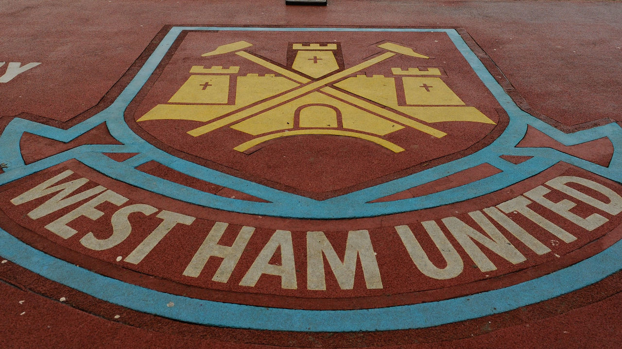 LONDON, ENGLAND - MARCH 26: The West Ham crest and logo is seen ahead of the Barclays Premier League match between West Ham United and Hull City at Boleyn Ground on March 26, 2014 in London, England.