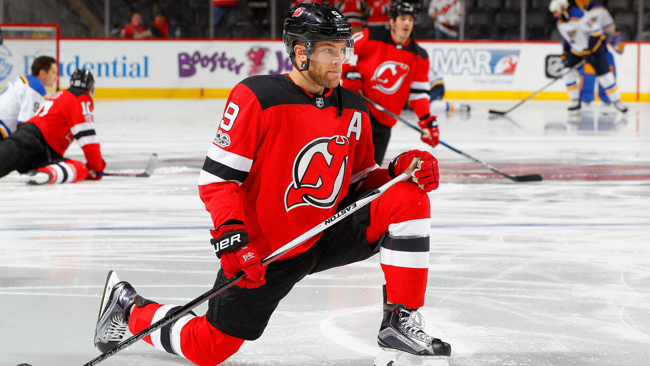 NEWARK, NJ - NOVEMBER 07: Taylor Hall #9 of the New Jersey Devils warms up before a game against the St. Louis Blues on November 7, 2017 at Prudential Center in Newark, New Jersey. The Blues defeated the Devils 3-1.