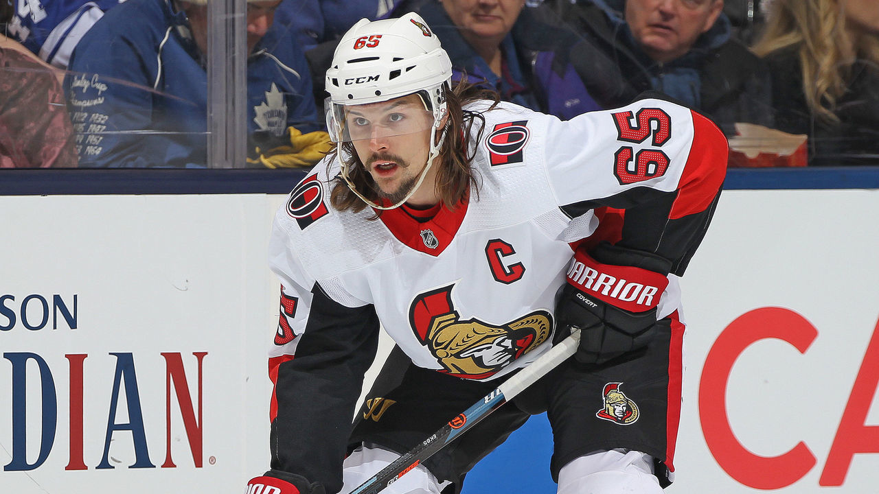 TORONTO, ON - FEBRUARY 10: Erik Karlsson #65 of the Ottawa Senators waits for a faceoff against the Toronto Maple Leafs during an NHL game at the Air Canada Centre on February 10, 2018 in Toronto, Ontario, Canada. The Maple Leafs defeated the Senators 6-3.