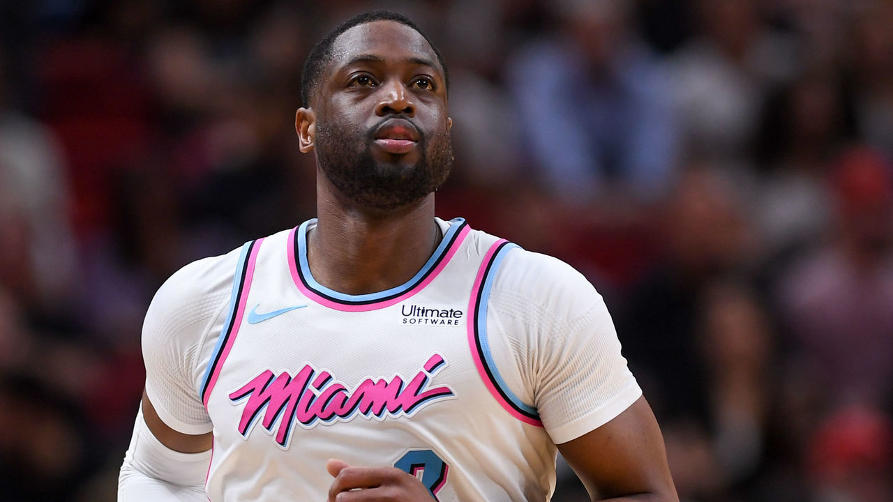MIAMI, FL - FEBRUARY 09: Dwyane Wade #3 of the Miami Heat looks on during the first half of the game against the Milwaukee Bucks at American Airlines Arena on February 9, 2018 in Miami, Florida.