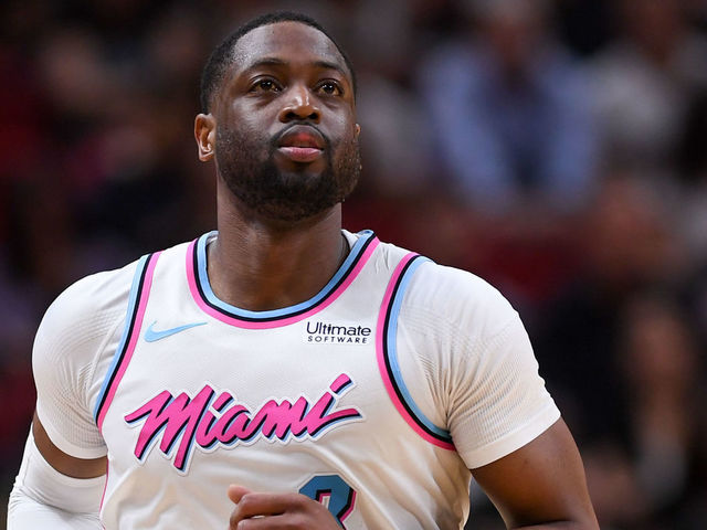 MIAMI, FL - FEBRUARY 09: Dwyane Wade #3 of the Miami Heat looks on during the first half of the game against the Milwaukee Bucks at American Airlines Arena on February 9, 2018 in Miami, Florida.