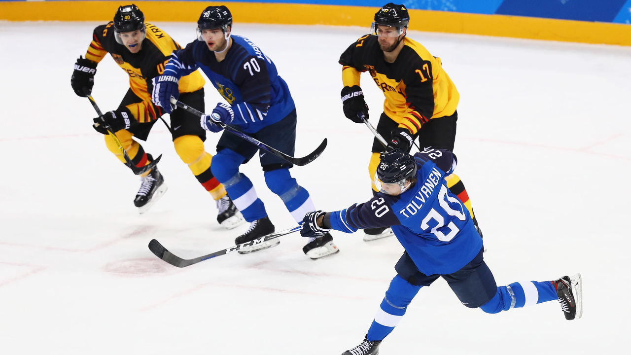 GANGNEUNG, SOUTH KOREA - FEBRUARY 15: Eeli Tolvanen of Finland shoots and scores a goal during the Men's Ice Hockey Preliminary Round Group C game on day six of the PyeongChang 2018 Winter Olympic Games at Gangneung Hockey Centre on February 15, 2018 in Gangneung, South Korea.