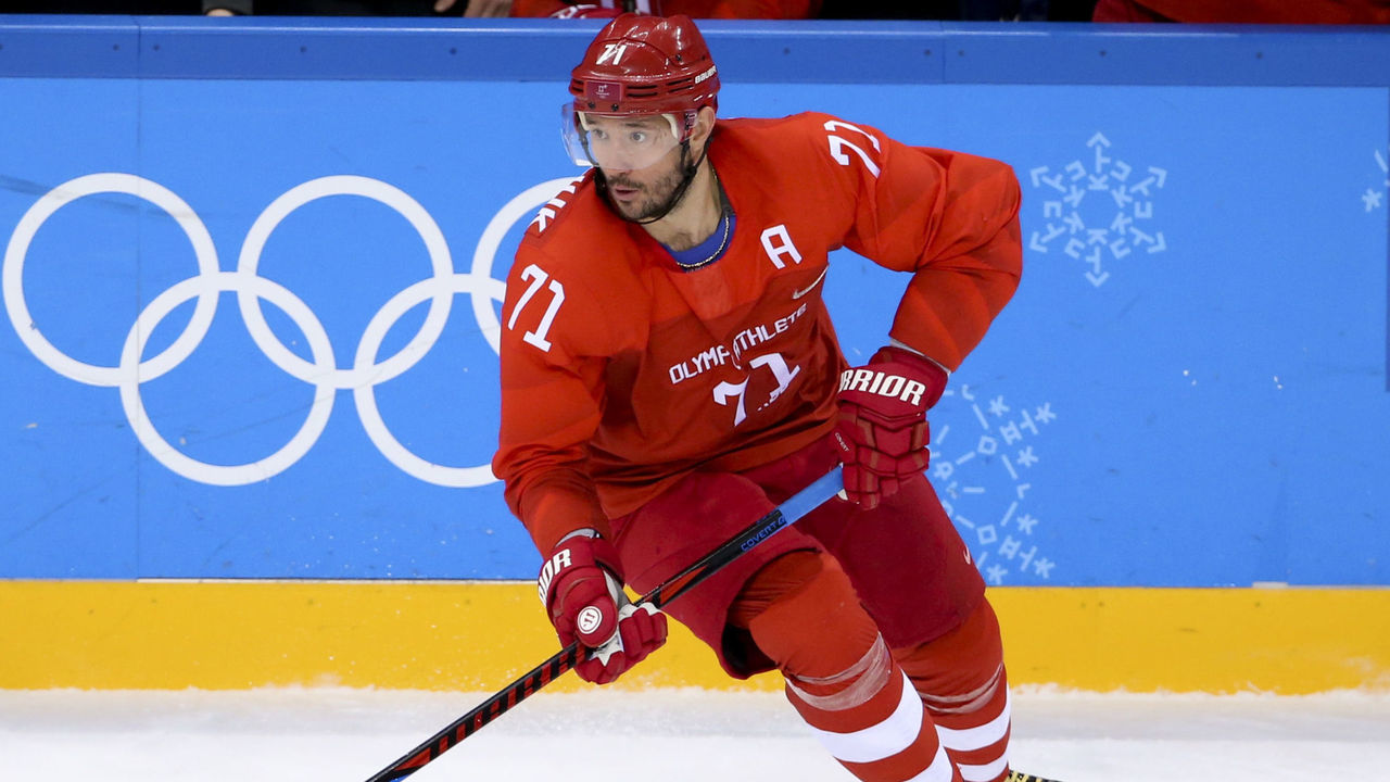 GANGNEUNG, SOUTH KOREA - FEBRUARY 17: Ilya Kovalchuk of OAR during the Men's Ice Hockey Preliminary Round between USA and Olympic Athletes from Russia at Gangneung Hockey Centre on February 17, 2018 in Gangneung, South Korea.