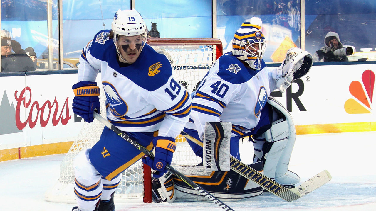 NEW YORK, NY - JANUARY 01: Jake McCabe #19 and Robin Lehner #40 of the Buffalo Sabres skate against the New York Rangers during the 2018 Bridgestone NHL Winter Classic at Citi Field on January 1, 2018 in the Flushing neighborhood of the Queens borough of New York City. The Rangers defeated the Sabres 3-2 in overtime.
