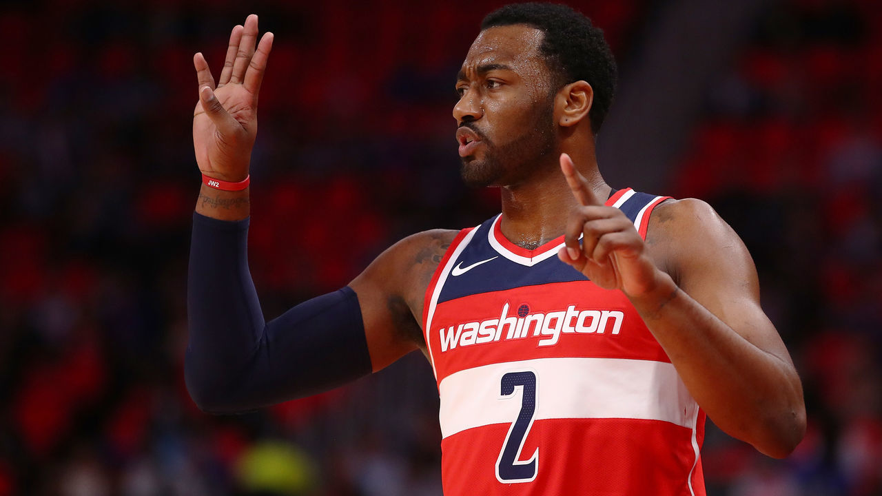 DETROIT, MI - JANUARY 19: John Wall #2 of the Washington Wizards calls a play while playing the Detroit Pistons during the second half at Little Caesars Arena on January 19, 2018 in Detroit, Michigan. Washington won the game 122-112.