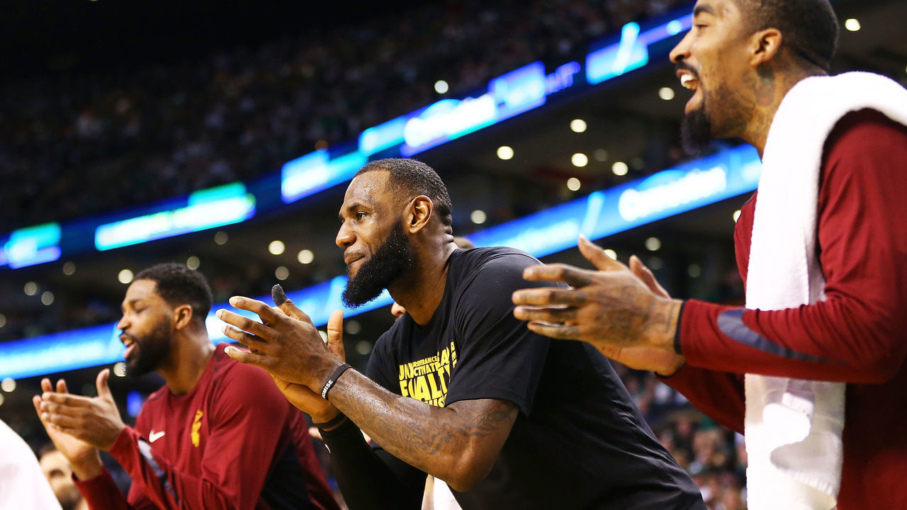 BOSTON, MA - FEBRUARY 11: Lebron James #23 of the Cleveland Cavaliers reacts in the second half during a game against the Boston Celtics at TD Garden on February 11, 2018 in Boston, Massachusetts.