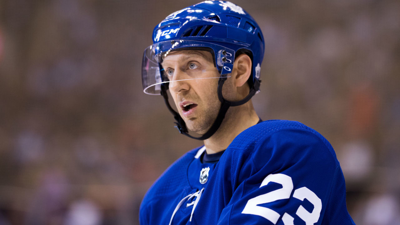 TORONTO, ONTARIO - OCTOBER 9: Eric Fehr #23 of the Toronto Maple Leafs waits for play to resume against the Chicago Blackhawks during the first period October 9, 2017 at the Air Canada Centre in Toronto, Ontario, Canada.