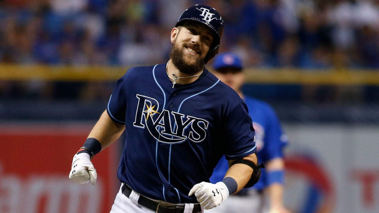 ST. PETERSBURG, FL - SEPTEMBER 20: Steven Souza Jr. #20 of the Tampa Bay Rays reacts as he rounds third base after hitting a home run off of pitcher Jon Lester of the Chicago Cubs during the first inning of a game on September 20, 2017 at Tropicana Field in St. Petersburg, Florida.