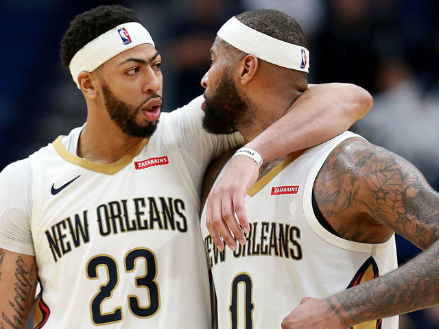 NEW ORLEANS, LA - JANUARY 22: Anthony Davis #23 of the New Orleans Pelicans and DeMarcus Cousins #0 of the New Orleans Pelicans walk of the court during a NBA game against the Chicago Bulls at the Smoothie King Center on January 22, 2018 in New Orleans, Louisiana.
