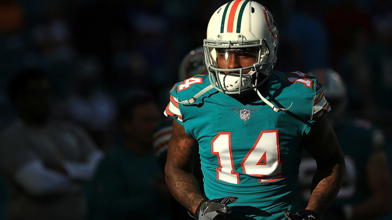 MIAMI GARDENS, FL - DECEMBER 31: Jarvis Landry #14 of the Miami Dolphins during pregame against the Buffalo Bills at Hard Rock Stadium on December 31, 2017 in Miami Gardens, Florida.