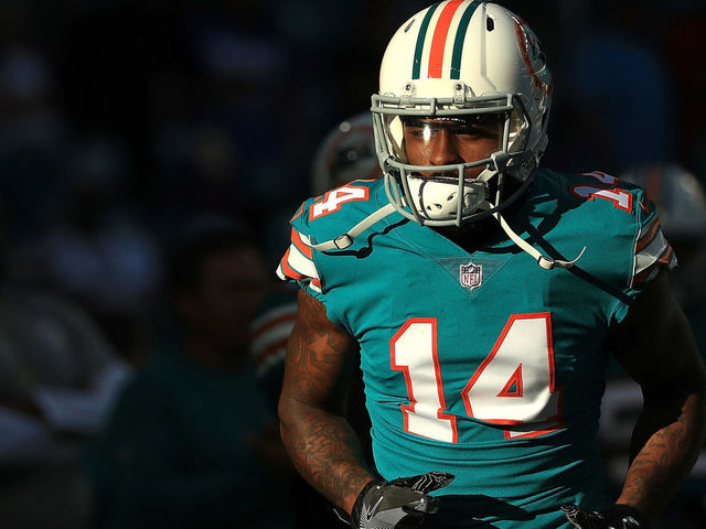 MIAMI GARDENS, FL - DECEMBER 31: Jarvis Landry #14 of the Miami Dolphins during pregame against the Buffalo Bills at Hard Rock Stadium on December 31, 2017 in Miami Gardens, Florida.