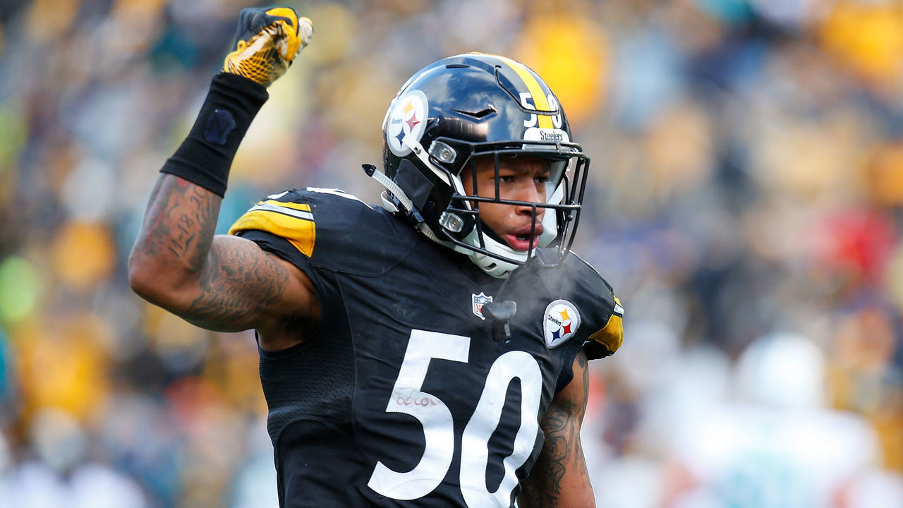 PITTSBURGH, PA - JANUARY 08: Ryan Shazier #50 of the Pittsburgh Steelers reacts after he intercepted a pass thrown by Matt Moore #8 of the Miami Dolphins in the third quarter during the Wild Card Playoff game against the Miami Dolphins at Heinz Field on January 8, 2017 in Pittsburgh, Pennsylvania.