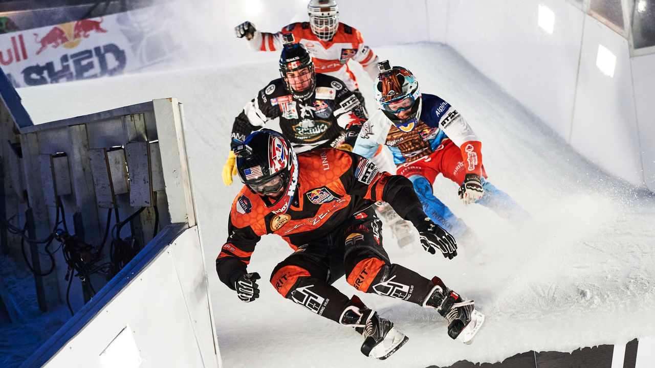 OTTAWA, ON - MARCH 04: In this handout provided by Red Bull, Cameron Naasz of the United States, Scott Croxall of Canada, Tristan Dugerdil of France, Tommy Mertz of the United States perform during the finals at the eighth stage of the ATSX Ice Cross Downhill World Championship at the Red Bull Crashed Ice in Ottawa, Canada on March 4, 2017. Cameron Naasz of the United States and Jacqueline Legère of Canada wo both the race and the World Championship title.