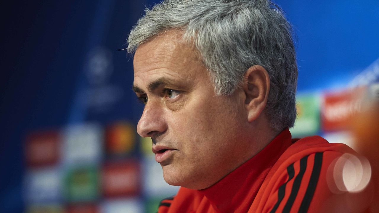 SEVILLE, SPAIN - FEBRUARY 20: Jose Mourinho of Manchester United attends the press conference prior to their UEFA Champions match against Sevilla FC at Estadio Ramon Sanchez Pizjuan on February 20, 2018 in Seville, Spain.