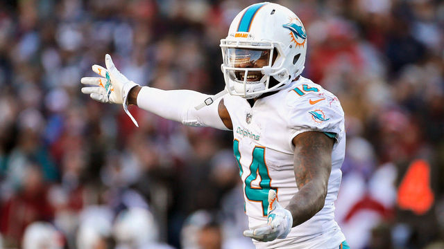 FOXBORO, MA - NOVEMBER 26: Jarvis Landry #14 of the Miami Dolphins reacts during the fourth quarter of a game against the New England Patriots at Gillette Stadium on November 26, 2017 in Foxboro, Massachusetts.