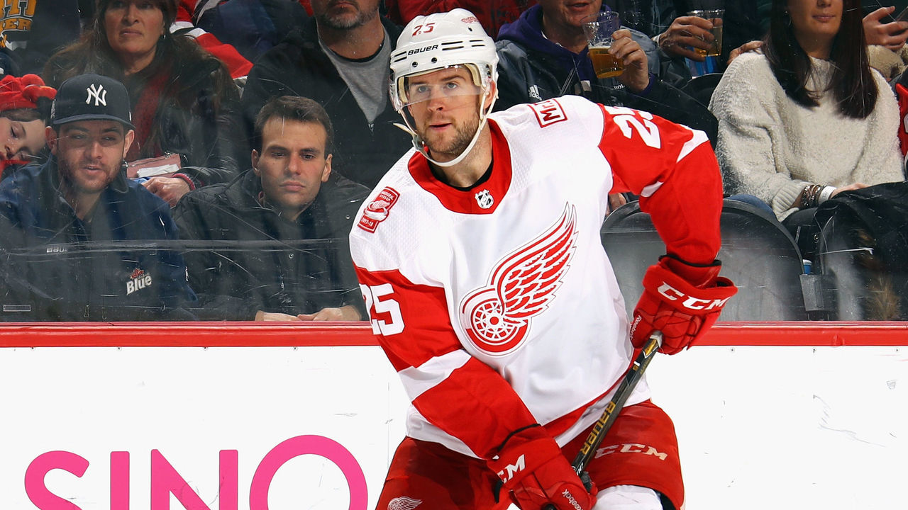 NEWARK, NJ - DECEMBER 27: Detroit Red Wings defenseman Mike Green #25 skates against the New Jersey Devils at the Prudential Center on December 27, 2017 in Newark, New Jersey.