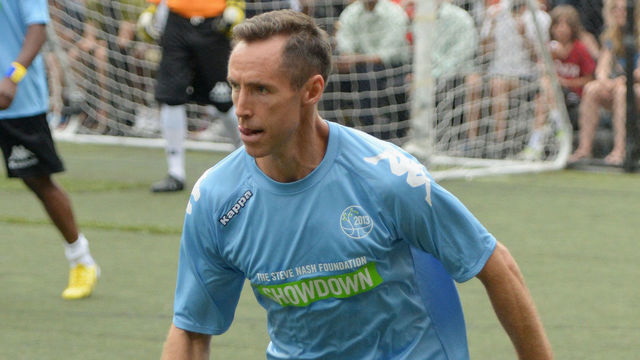 NEW YORK, NY - JUNE 26: Professional basketball player Steve Nash plays soccer at Sarah D. Roosevelt Park on June 26, 2013 in New York City.