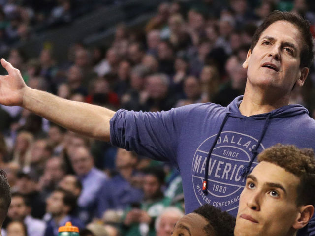 BOSTON, MA - DECEMBER 6: Dallas Mavericks owner Mark Cuban reacts to a call during the second half against the Boston Celtics at TD Garden on December 6, 2017 in Boston, Massachusetts. The Celtics defeat the Mavericks 97-90.