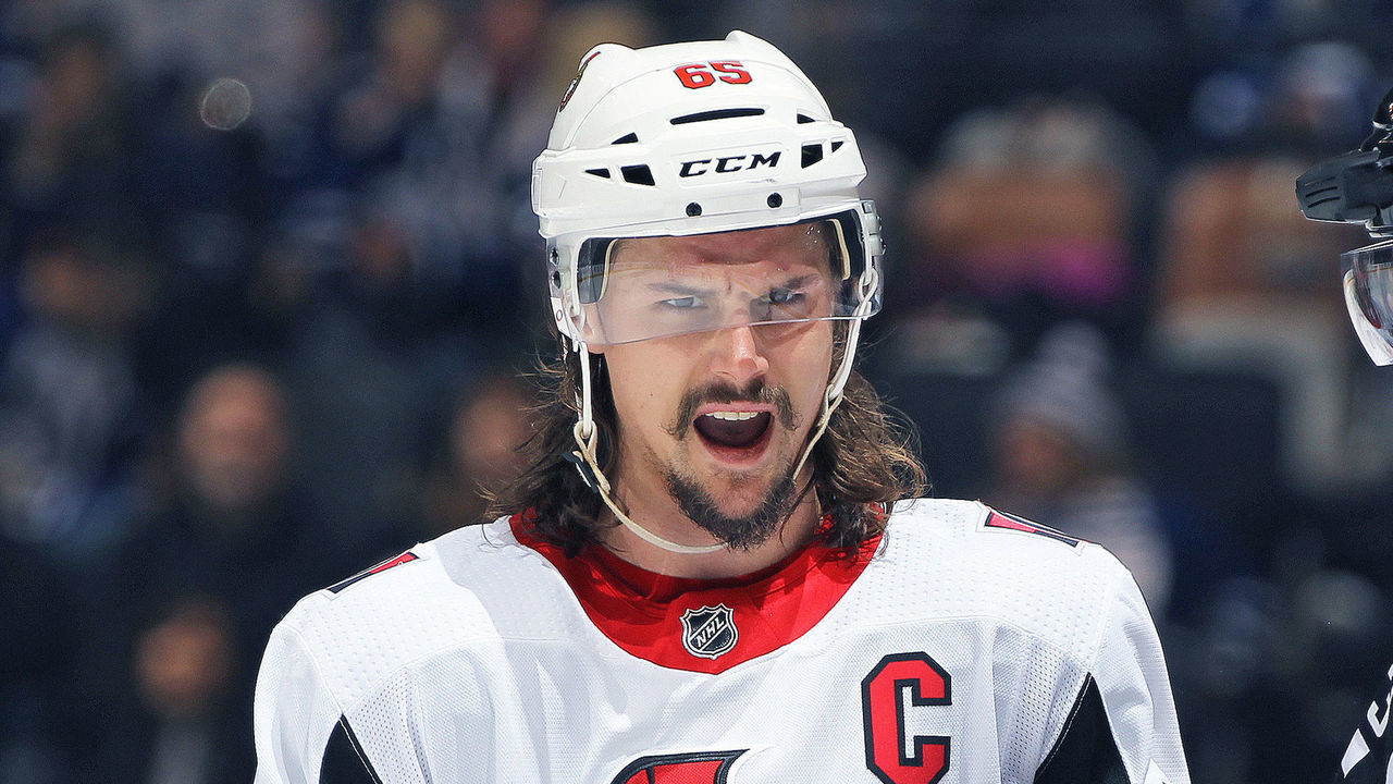 TORONTO, ON - FEBRUARY 10: Erik Karlsson #65 of the Ottawa Senators voices his displeasure over a call during play against the Toronto Maple Leafs in an NHL game at the Air Canada Centre on February 10, 2018 in Toronto, Ontario, Canada. The Maple Leafs defeated the Senators 6-3.