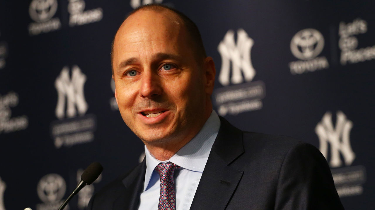 NEW YORK, NY - DECEMBER 06: Senior Vice President, General Manager Brian Cashman speaks to the media prior to introducing Aaron Boone as New York Yankee manager at Yankee Stadium on December 6, 2017 in the Bronx borough of New York City.