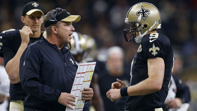NEW ORLEANS, LA - NOVEMBER 27: Head coach Sean Payton of the New Orleans Saints talks to Drew Brees #9 during the first half of a game against the Los Angeles Rams at the Mercedes-Benz Superdome on November 27, 2016 in New Orleans, Louisiana.